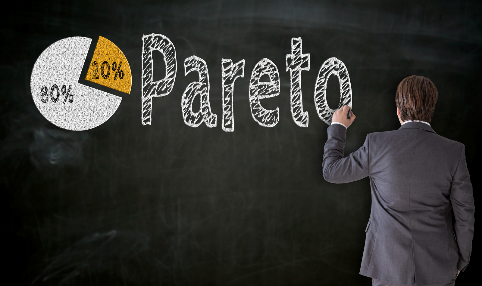Businessman paints Pareto on blackboard concept