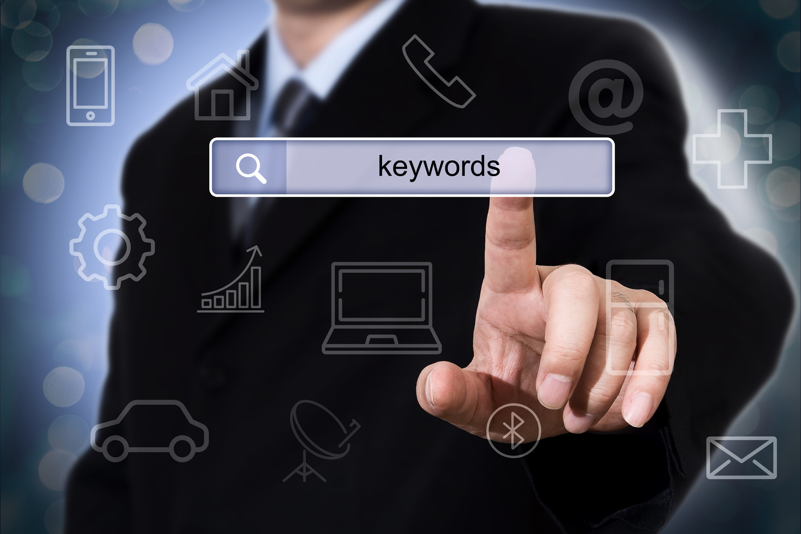 Businessman clicking search field with keywords.