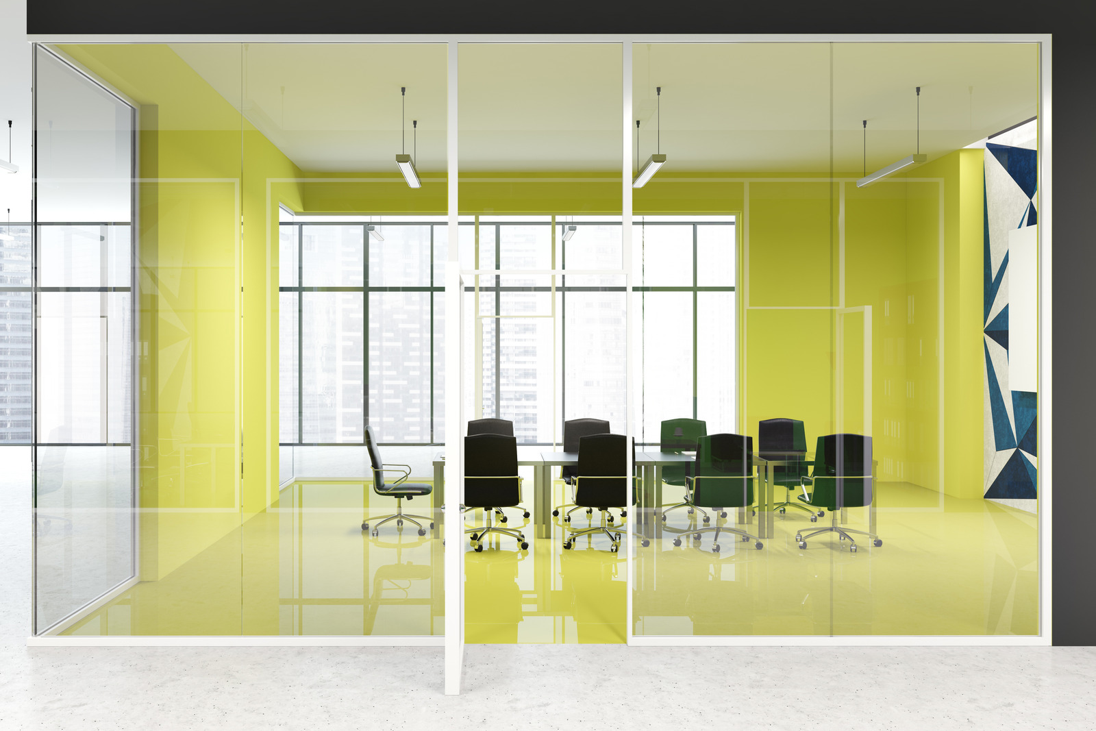 Bright yellow office conference room interior